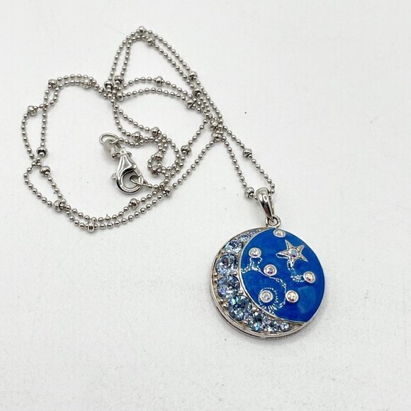 Celestial Stars Moons .925 Sterling Blue Enamel CZ Pendant Necklace 10" Drop - Picture 8 of 8